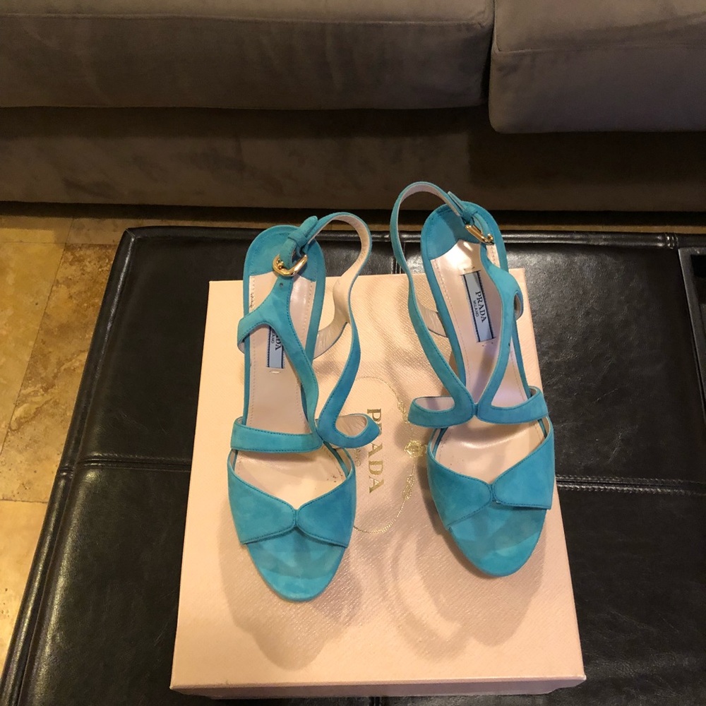 Prada turquoise suede platforms